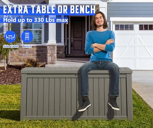 150 Gal Deck Box,Outdoor Storage Box Waterproof Lockable,Gas Lift,Grey