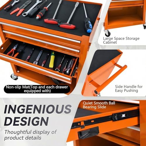 4 Drawers Tool Chest on Wheels, Multifunctional Rolling Tool Cart Tool Storage with 1 Cabinet, Drawers Rolling Tool Box Organizer for Garage, Warehouse, Workshop, Repair Shop (4 Drawers-Orange)