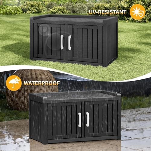 Outdoor Shoe Storage Bench with 2 Doors, Waterproof UV-Resistant Resin Cabinet, Entryway Organizer for Porch, Hallway, Black
