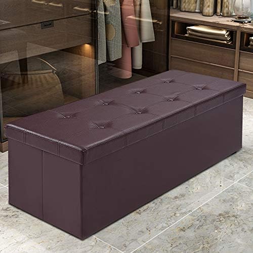 43" Folding Storage Ottoman Bench, Faux Leather Storage Chest, Brown