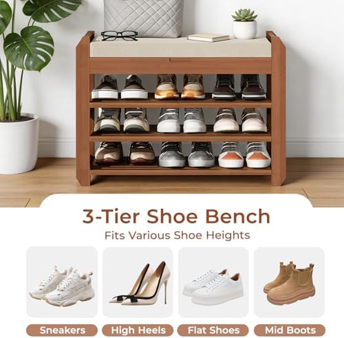 27.6" Shoe Rack Bench with Coat Rack, 3-Tier Entryway Storage Bench