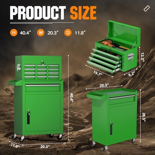 Oakcloud Heavy-Duty 5-Drawer Rolling Tool Chest & Cabinet Combo with Black Liner – Lockable Steel Garage Tool Box on Wheels – Detachable Top Toolbox & Bottom Storage Cart with Side Hooks, Green