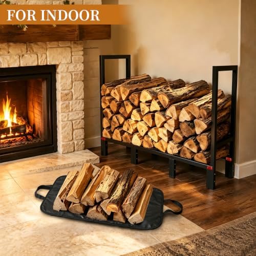 4FT Firewood Rack Indoor Outdoor with Log Carrier, Firewood Log Rack Holder with 4 Reinforced Metal Sheets for Fireplace Wood Storage, Heavy Duty Metal Pile Log Stand Stacker Holder for Patio Outdoor