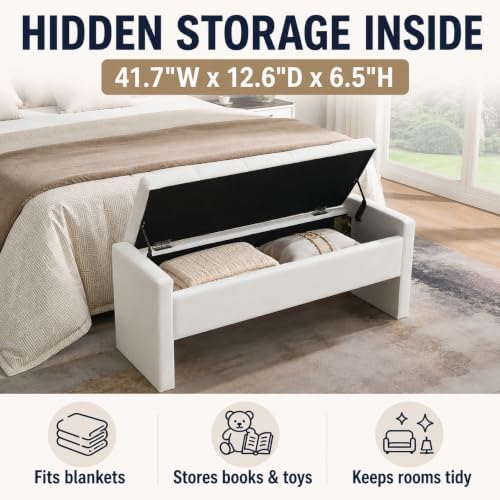 47.25 Inch Storage Ottoman Bench, Linen Upholstered, White