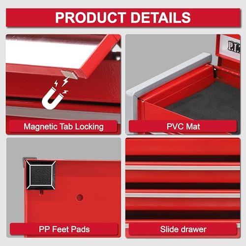 P.I.T. Mini Tool Box,3 Drawers Small Metal Toolbox for Tools Storage,Red