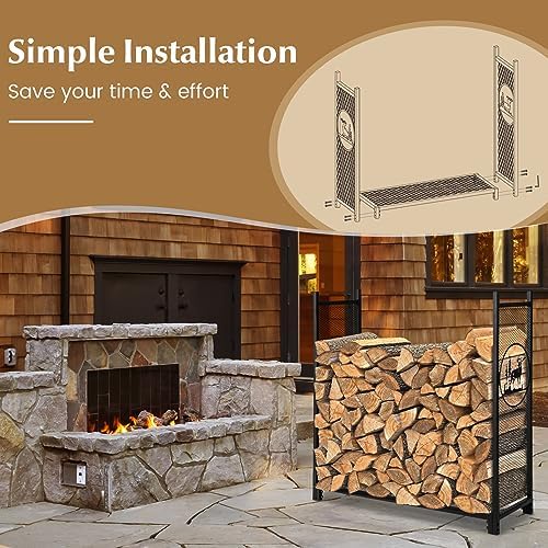 Goplus Firewood Rack Outdoor, 4 FT Metal Firewood Holder with Mesh Sides & Base, Decorative Deer Patterns, Indoor Log Storage Rack, Wood Rack for Fireplace, Fire Pit, Woodstove (48" x 15" x 46")
