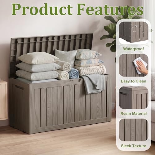 Resin Deck Box Outdoor Storage Box Waterproof for Patio Furniture,Outdoor Cushions,Garden Tools and Pool Supplies (Grey, 90 Gallon)