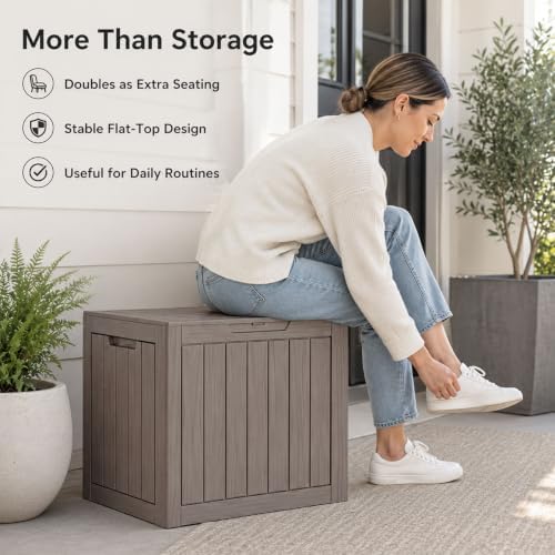 Outdoor Storage Box Resin Deck Box Waterproof Gray Brown 32 Gallon