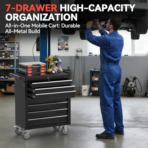 7-Drawer Rolling Tool Chest with Wheels, Metal Tool Storage Cabinet with Lock&Keys and Swivel, Toolbox with drawers, Tool Box for Warehouse,Garage, Repair Shop, Workshop (Black, 7-Drawer)