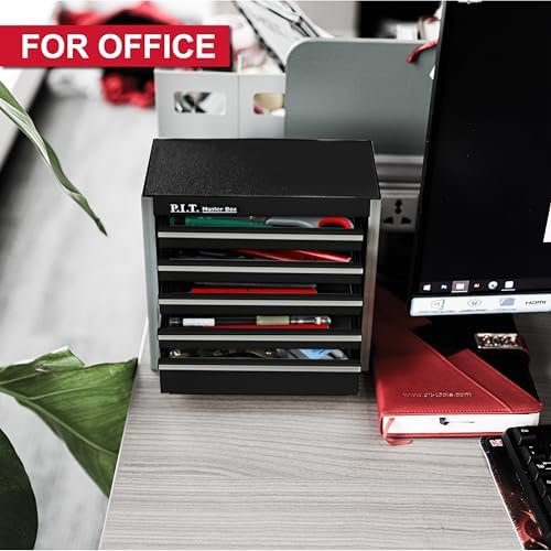 P.I.T. Mini Tool Box,Small Metal Toolbox Organizer with 5 Drawers,Black