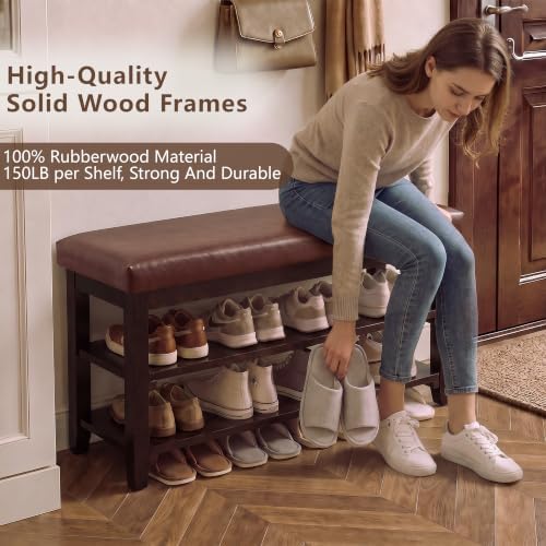 40" Wooden Shoe Rack with Seating, Entryway Bench with Shoe Storage, Brown