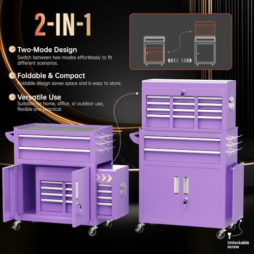 Pataku 8-Drawer Rolling Tool Chest with Wheels, 2-in-1 Detachable Tool Box Organizer, Lockable Mobile Tool Cart with Steel Cabinet & Side Rack for Garage, Workshop (Purple)