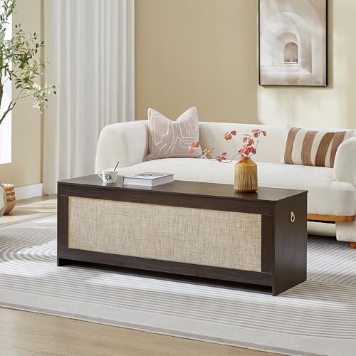 51.2"Storage Chest large,wooden rattan storage bench,Obsidian Black