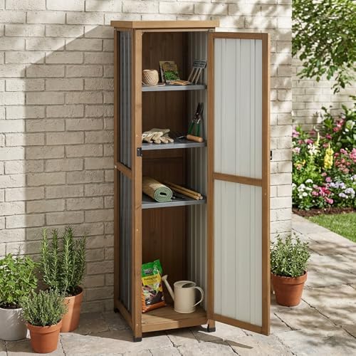 Tall Outdoor Storage Cabinet, Weatherproof Wooden Garden Potting Bench with Metal Top & Adjustable Shelves, Outdoor Patio Cabinets Work Station for Balcony, Pool, Garage