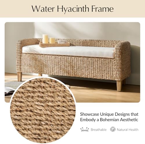 HULALA HOME 57" Rattan Storage Bench, Boho Wicker Bedroom Bench, Natural