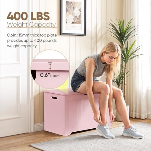 SUPER DEAL Storage Chest, 30 inches Chest Box Organizer with 2 Safety Hinges, Wooden Entryway Storage Bench, Pink