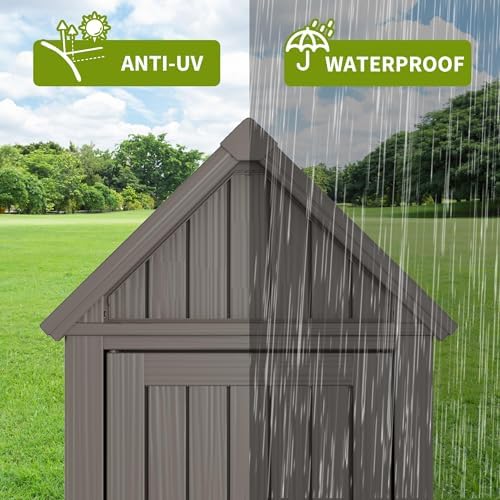 Outdoor Storage Shed, Waterproof Storage Cabinet with Sloping Roof and Lockable Door, Resin Shed with Ample Space, Multiple Hooks for Backyard Patio, Garden, Lawn, Classic Grey