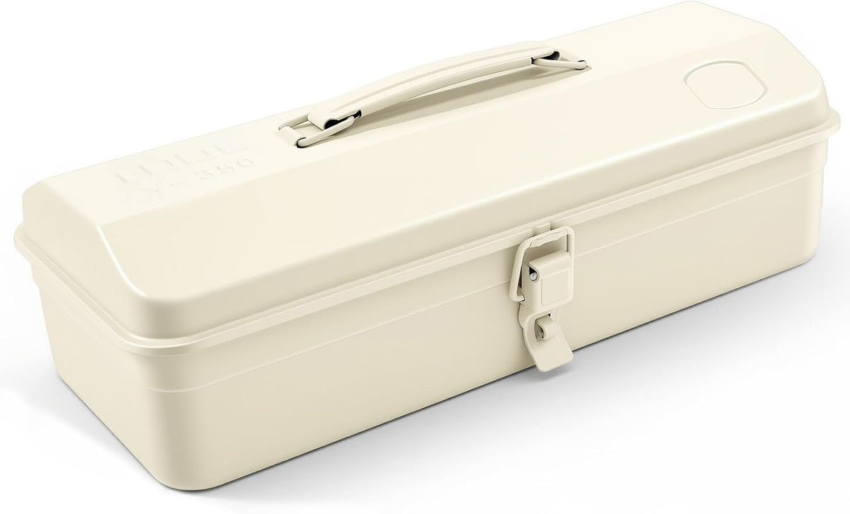 milky white portable metal tool box Hip Roof Style with Metal Latch Closure Tool Chest for Household Workshop Car,14.2"