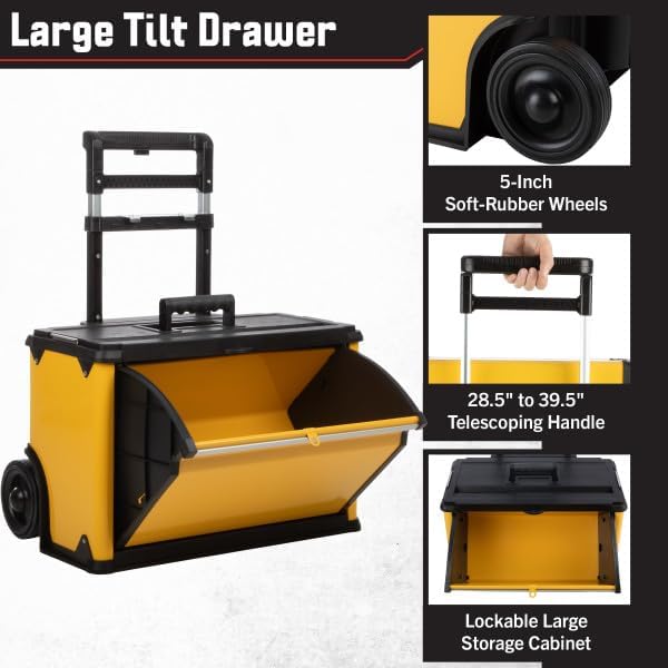 stalwart stackable rolling tool box with wheels, yellow showing dimensions