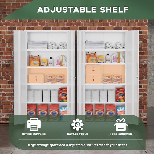 Greenvelly White Metal Storage Cabinet for Garage, 72” Steel Locking Cabinet with Doors and 4 Shelves, Tall Tool Cabinets for Garage Storage Systems Lockable File Cabinet for Home Office, Classroom