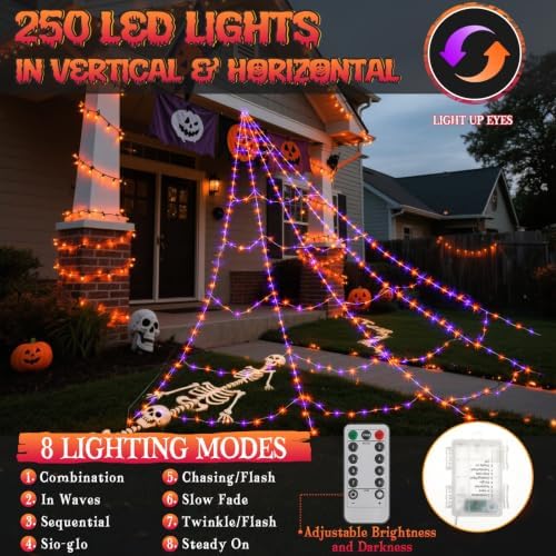 Halloween Spider Web Lights Decor+2 Animatronic 34'' Jumping Spider, Gray