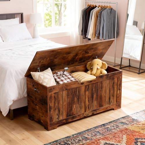 SUPER DEAL Storage Chest, 39 inches Chest Box Organizer with 2 Safety Hinges, Wooden Entryway Shoe Organizer Storage Bench, Rustic Brown