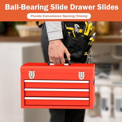 3 Drawer Metal Tool Box, Heavy Duty Steel Tool Chest with Ball Bearing Drawers, Portable Metal Toolbox with EVC Liners and Latches Closure, Powder Coated Tool Storage for Garage, Workbench & Home