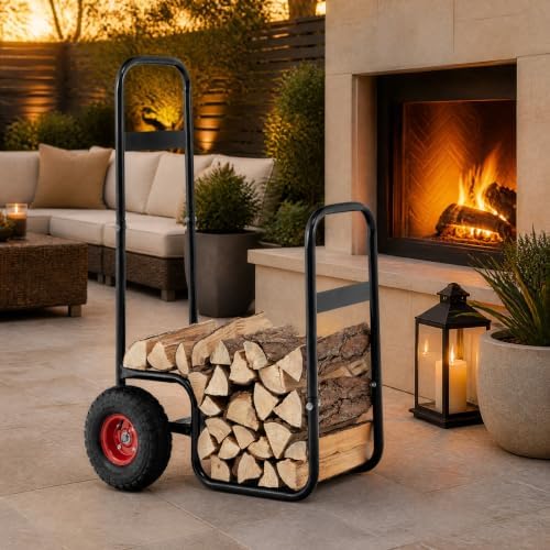 Goplus Firewood Cart with Wheels, Outdoor Indoor Rolling Fire Wood Log Cart with Pneumatic Rubber Tiers, 220 LBS Load Capacity Heavy Duty Steel Wood Storage Hauler, Log Holder Rack for Fireplace
