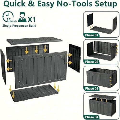 100 Gallon Outdoor Storage Bench - Waterproof Deck Box with Lock, UV Resistant Resin, Patio Furniture & Garden Tool Organizer, 400lb Capacity, Easy Assembly (Grey, 1 Pack)