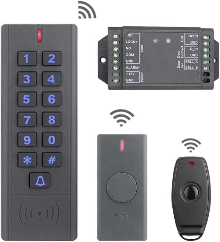 Access Control Keypad Reader Smart Keypad Lock IP65 Waterproof Remote Access Controler Wireless Exit Button 125Khz RFID Smart Lock (AW1-EM Wireless Access Control Kit)