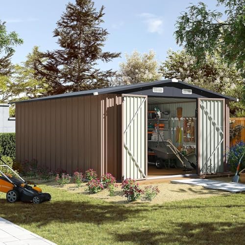 Aoxun 12 x 10FT Outdoor Storage Shed with Double Hinged Large Door, Brown
