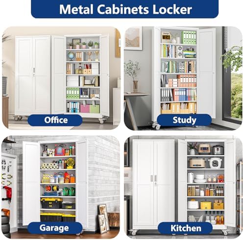 Ckzbx Metal Garage Storage Cabinet with Locking Doors and Adjustable Shelves,75" H Rolling Tool Storaget with Wheels for Garage,Office (White)