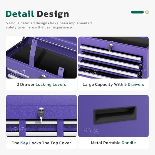 Greenvelly 5-Drawer Tool Chest with Wheels, Pre-Assembled Rolling Tool Chest, Detachable Top Tool Box, Lockable Design, Comes with Drawer Liners & Side Hooks for Garage Workshop Repair Room (Purple)