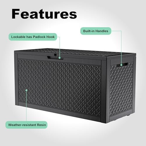 Outdoor Waterproof Resin Storage Deck Box Lockable Outside Bench UV Resistant Bin Patio Porch Furniture Pool Float Garden Tool Cushion (Black, 110 Gallon)
