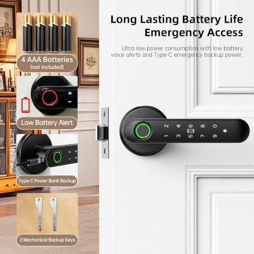 Fingerprint Door Lock with Keypad, Smart Biometric Door Knob for Bedroom