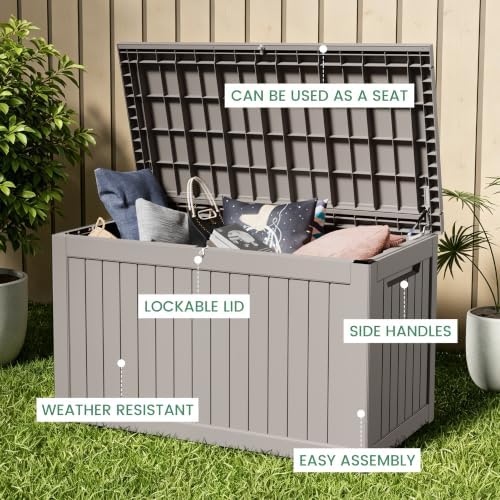 230 Gal Outdoor Storage Box, Lockable Waterproof Resin Deck Box w/Handles