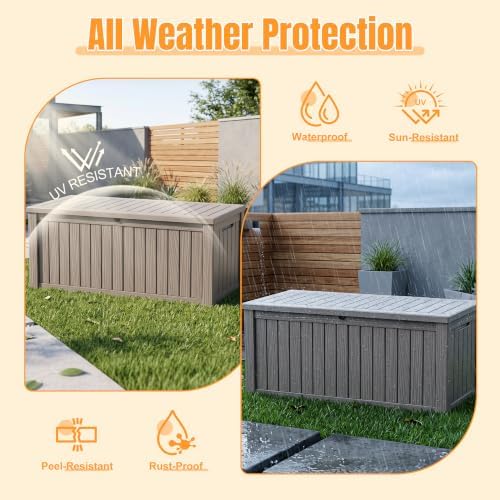 Outdoor Storage Box, 240 Gal Waterproof Resin Deck Box w/Support Rod