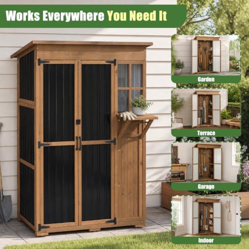 Outdoor Storage Cabinet, 51.4" W x 22.5" D x 70.5" H Tall Wood & Metal Garden Tool Shed with Fold-Out Table, 3 Fixed Shelves, Lockable Doors, Asphalt Roof for Patio, Backyard, Garage