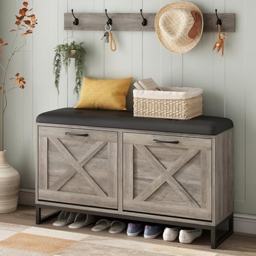 Maupvit Shoe Cabinet with 2 Flip Drawers & Coat Rack, Shoe Storage Bench with Seat Cushion for Entryway, 5 Large Sturdy Metal Hooks - with Locking Wall Parts, Washed Gray