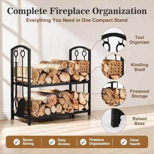 FEED GARDEN Firewood Rack with 4-Piece Fireplace Tools, Indoor Outdoor