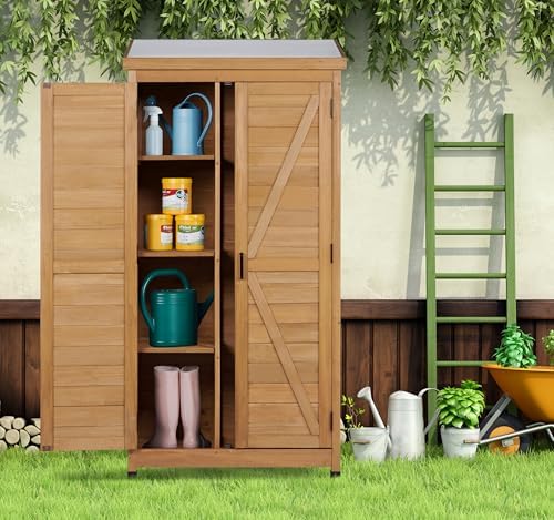 68'' Outdoor Storage Cabinet, Wooden Garden Tool Cabinet with Metal Top