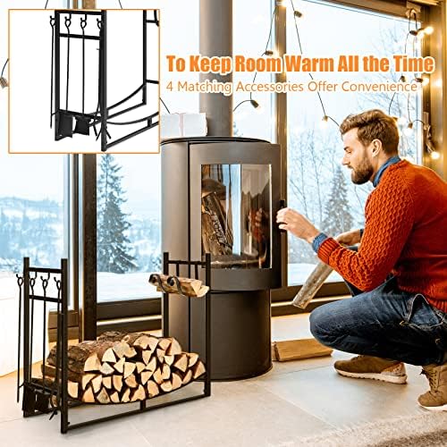ORALNER 36” Firewood Rack, Indoor Firewood Storage Stand with Kindling Holder & 4 Fireplace Tools Set, Poker Tongs Broom Shovel, Wood Racks for Outdoor Firewood Fireplace Log Holder Lumber Stacker