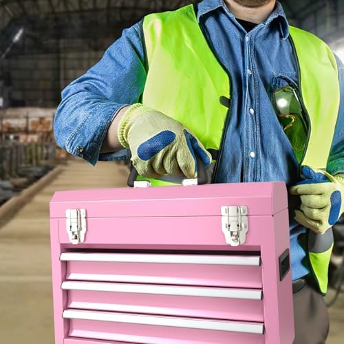 3 Drawers small Tool Box, Portable 3 Drawer Steel Tool Box with Locking System toolbox organization with Liner for Tools Storage (Pink)