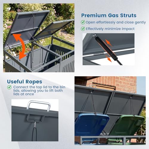 Goplus 44 Cu.Ft Outdoor Trash Can Storage, Garbage Can Hider Outdoor with 2 Lockable Doors Gas Struts & Shock Absorbers, Slant-roof Outdoor Storage for Patio, Backyards, Yard & Garden (52"x32"x49.5")