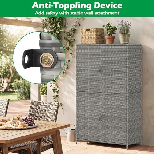 Tangkula Rattan Outdoor Storage Cabinet, Patiojoy Outdoor Cabinet with 2 Adjustable Shelves, 4 Doors, Patio Storage Deck Box Table for Patio Garden Poolside