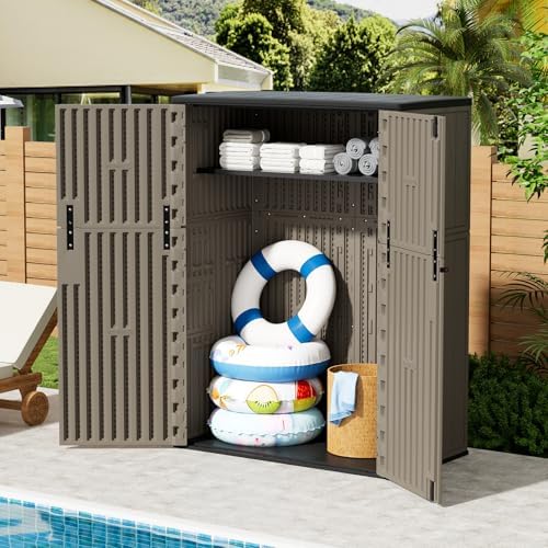 ZZM 57 Cu.ft Outdoor Storage Shed HDPE Storage Cabinet, Double-Wall Resin Sheds with Floor Vertical Lockable Sheds Garden Tools Trash Can, Lawn Mower, Bike Storage, Waterproof, Brown