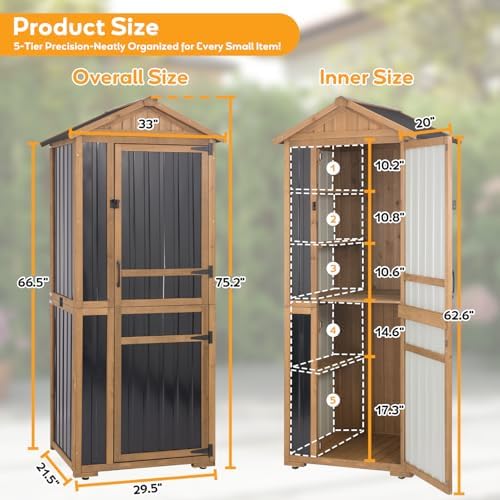 Outdoor Storage Cabinet, Extra-Tall Shed with Removable Shelf for Long Tool