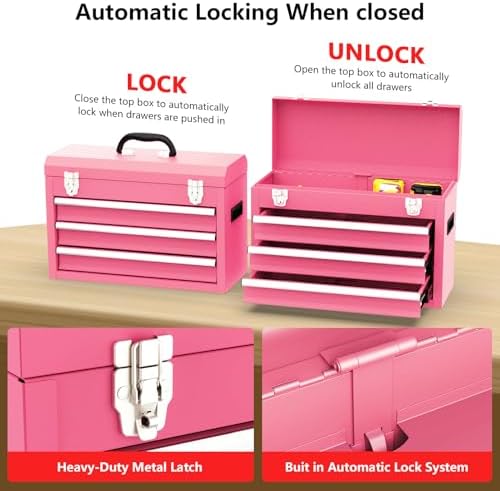 3 Drawer Metal Tool Box, Portable Metal Tool Box with EVC Liners and Latches Closure, Heavy Duty Steel Tool Chest with Ball Bearing Opening and Powder Coated Finish, Pink