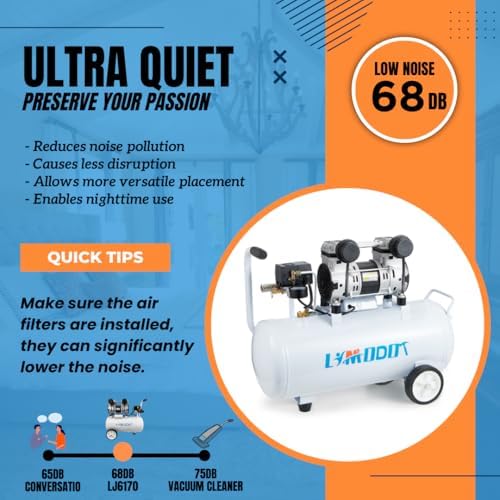 Quiet Oil-Free Air Compressor, 68 dB, 2.8 CFM @ 90 PSI, 8 Gallon Air Tank