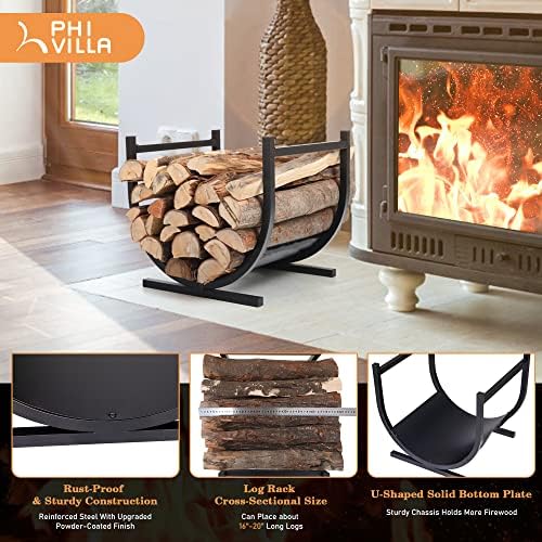 PHI VILLA 17 Inches Small Indoor/Outdoor Firewood Log Rack Log Hoop Bin Log Carrier for Firewood with Scrolls Fireplace Accessories,Decorative Black